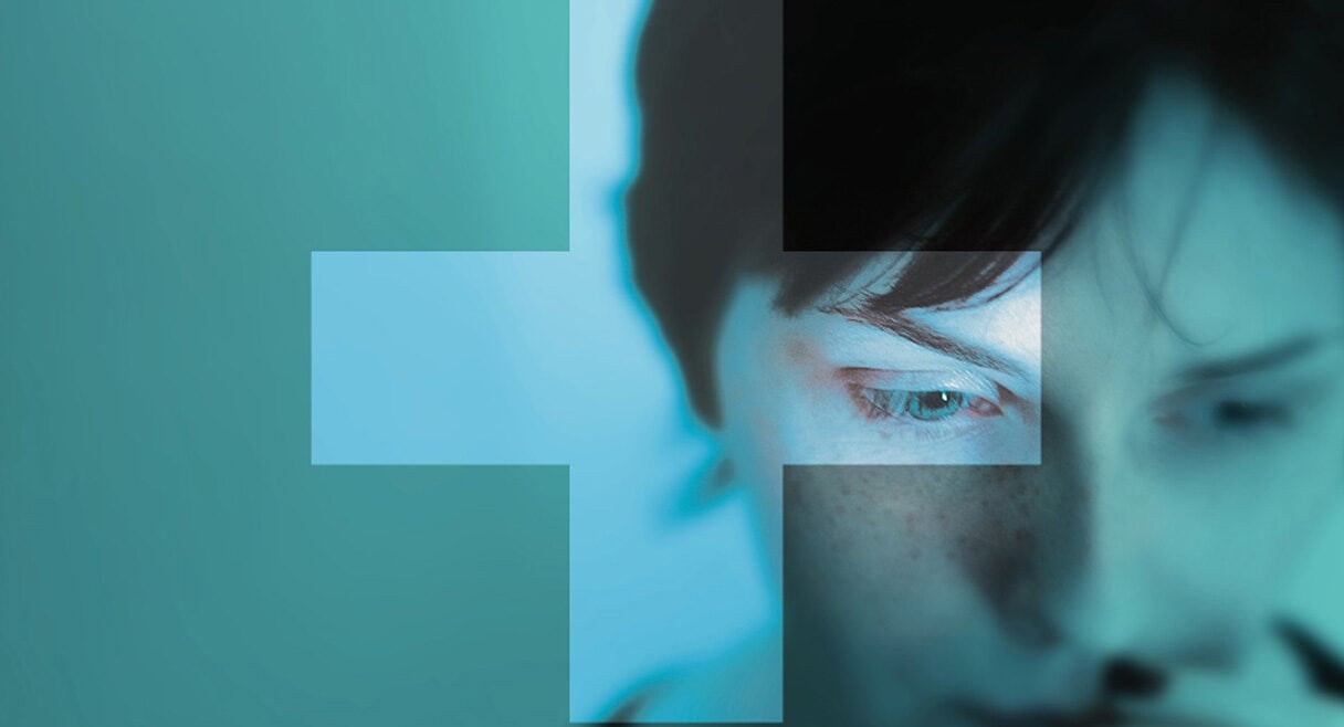 image of a young womans face with the hospital cross sign over it