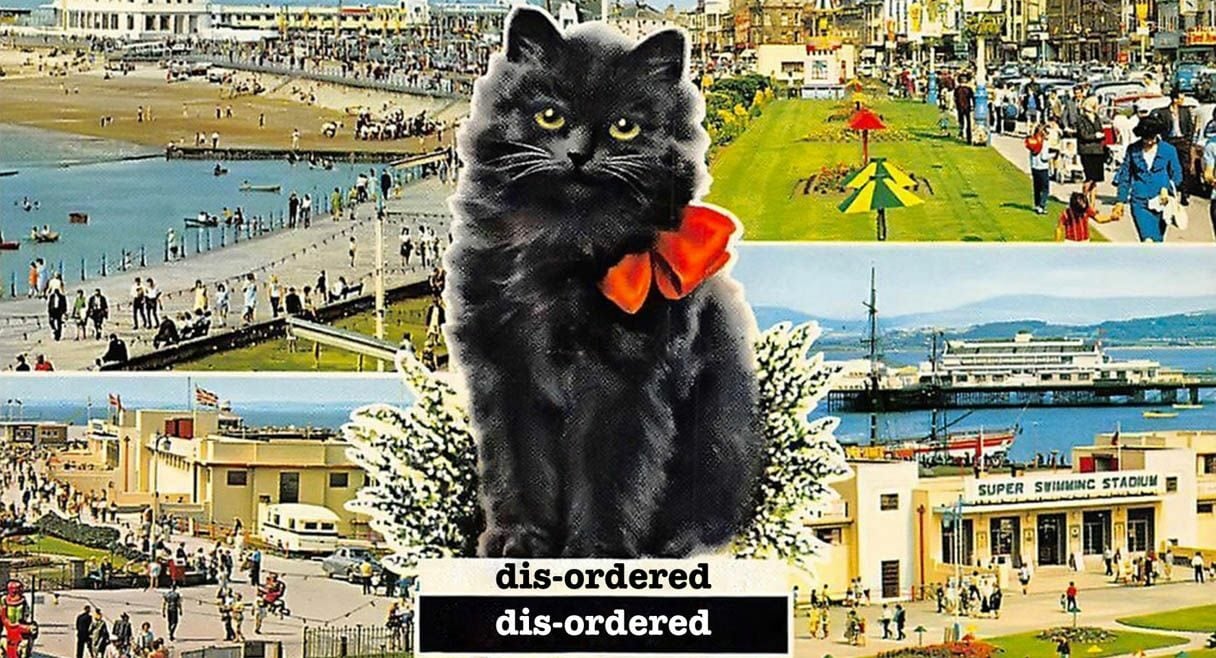 image of a black kitten with red kneck tie sitting on the words disordered, against an english tourist postcard setting of multiple tourist locations