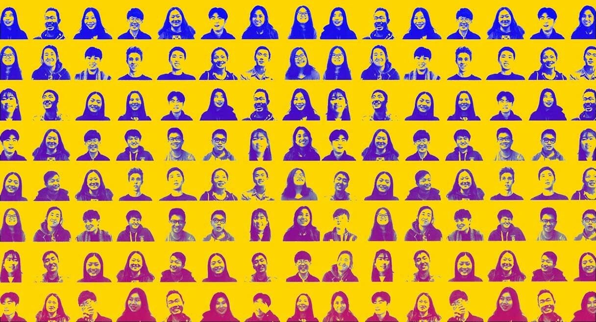 multiple heads of teenagers blue and red on a yellow background