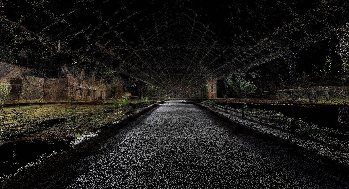 virtual reality image of inside parragirls institution which is looking down a tunnel with long walkway