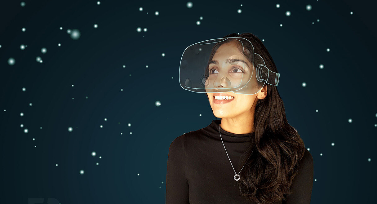 a young woman wearing virtual reality glasses