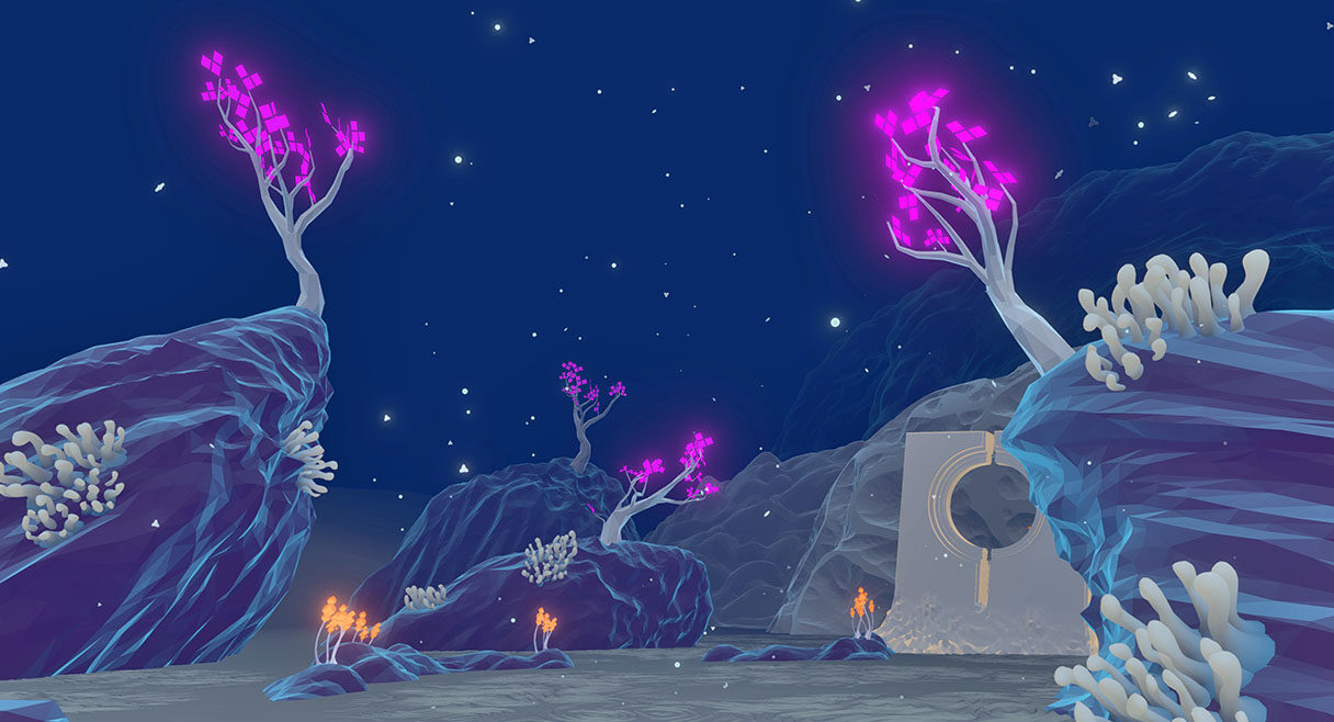 image of a virtual forest pink trees and moonscape like ground