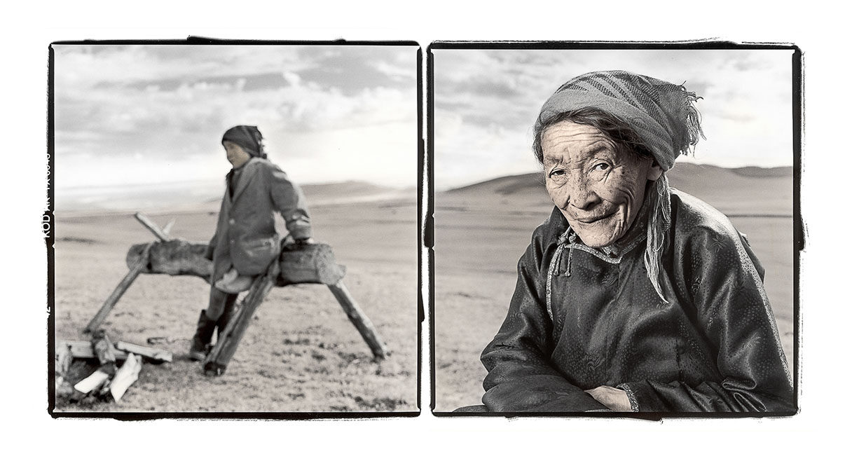 image of an elderly asian woman set against a desert background