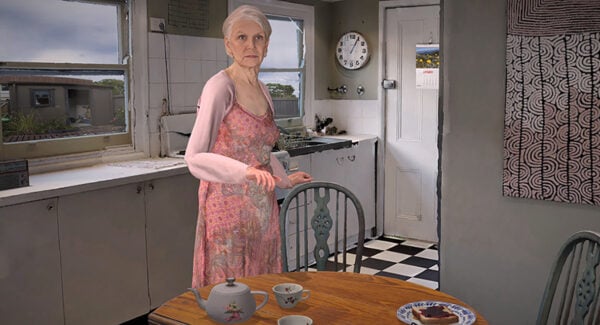 an avatar of an old woman in a kitchen